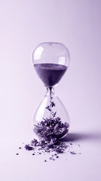Hourglass with purple sand and falling petals, symbolizing time and graceful renewal