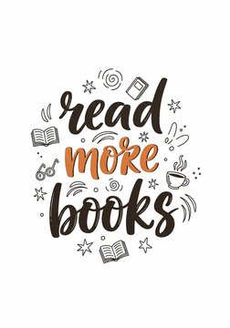 Calligraphy quote "read more books" with doodles of books and coffee.
