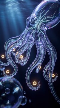 Glass octopus glowing with golden light orbs underwater, symbolizing intelligence and connectivity