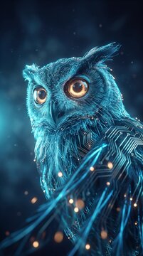 Owl with glowing circuit-board texture, symbolizing artificial intelligence and wisdom