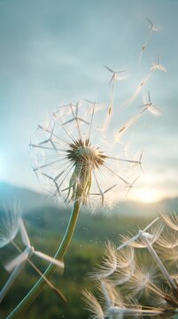 Dandelion seed head dispersing in golden light, symbolizing change and letting go