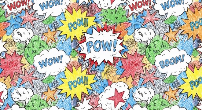Retro Comic Book Sound Effects Pattern, Colorful Action Words, Dynamic Pop Art Background