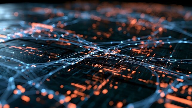 Abstract digital network with glowing blue and orange data connections over a circuit board surface