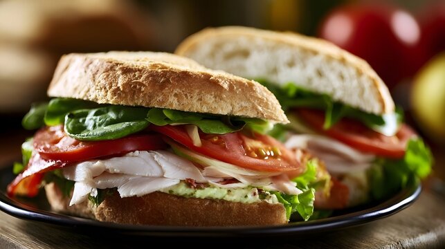 Freshly made sandwich with turkey  tomato  spinach  and avocado spread on crusty bread  served on a dark plate