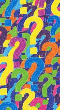 Vibrant, colorful question mark pattern, abstract background, concept of curiosity, inquiry, confusion, mystery.