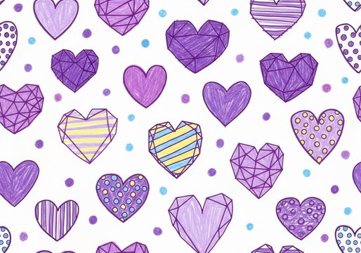 Hand-drawn purple heart pattern with polka dots, geometric and doodle styles.