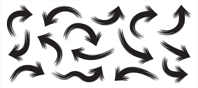Bold brush curved arrows collection rough grunge brush strokes and sketchy arrow shapes vector illustration with hand drawn