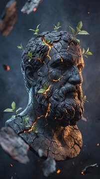 Charred stone bust with glowing cracks and green sprouts, symbolizing resilience and growth
