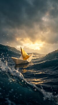 Origami paper boat with gold sail on a stormy ocean, symbolizing resilience in business