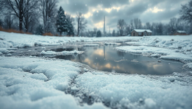 Freezing puddle. A puddle on a snow-covered road. First snowfall