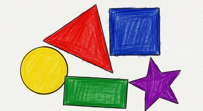 Colorful basic shapes on white background: triangle, square, circle, rectangle, star.