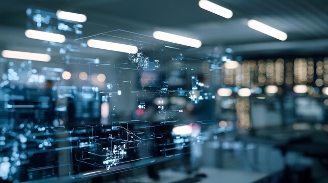 A futuristic digital interface overlays a blurred industrial setting with glowing lines and abstract data structures