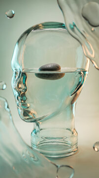Glass head profile filled with water and a floating balance stone, symbolizing calm and mindfulness