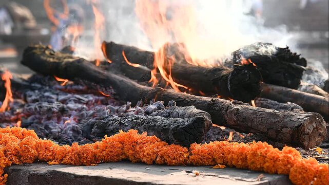 Hindu cremation pyre after burning with charred wooden logs, glowing embers and pale smoke rising from a stone platform, traditional Antyesti funeral ritual and cremation ceremony concept