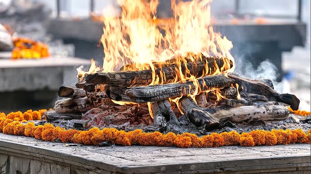 Hindu cremation pyre after burning with charred wooden logs, glowing embers and pale smoke rising from a stone platform, traditional Antyesti funeral ritual and cremation ceremony concept