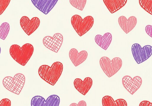 Hand-drawn pastel hearts seamless pattern, romantic affection, love symbols, decorative background, vibrant doodles, celebration, affection, caring.