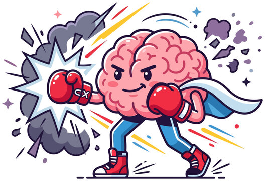 Anthropomorphic brain character wearing red boxing gloves throwing a punch