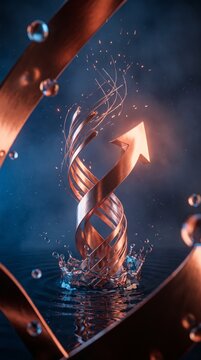 Twisted copper coil rising into an upward arrow with sparks, symbolizing rising success