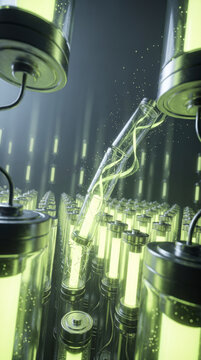 Rows of glowing glass battery cells with a green energy strand, symbolizing energy storage
