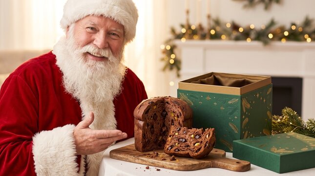 Santa Claus with Dark Chocolate Panettone and Premium Gift Box in Bright Studio