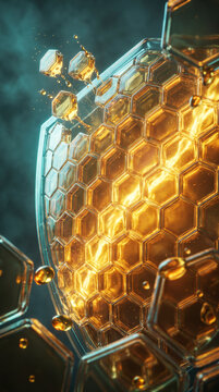 Golden honeycomb sphere made of glass hexagons, symbolizing productivity and business efficiency