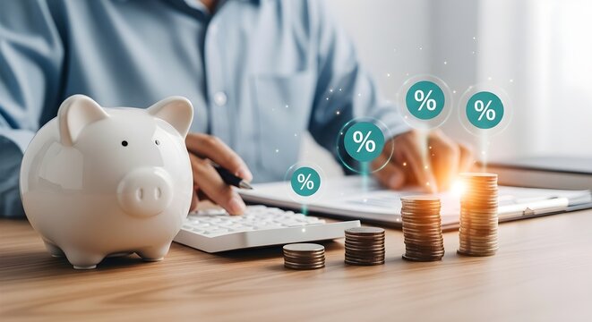 Financial Planning and Savings Growth featuring man using calculator with piggy bank, rising coin stacks, and floating percentage symbols ideal for banking and investment blogs.