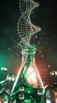 Glass DNA helix erupting from a bubbling flask, symbolizing scientific innovation and biotechnology