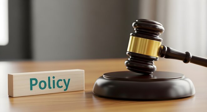 Legal Authority and Corporate Governance featuring a wooden judge gavel next to a policy block on a desk, ideal for legal compliance articles and corporate policy updates.