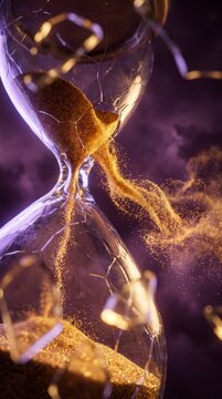 Cracked hourglass releasing glowing golden sand, symbolizing urgency and the passage of time
