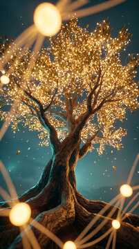 Glowing tree of light with a golden network as leaves, symbolizing growth and connected knowledge