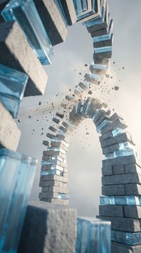 Glass and stone brick archway breaking apart, symbolizing architectural breakthrough and strength