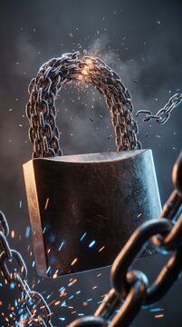 Black metal padlock with a broken sparking chain, symbolizing security and freedom from restriction