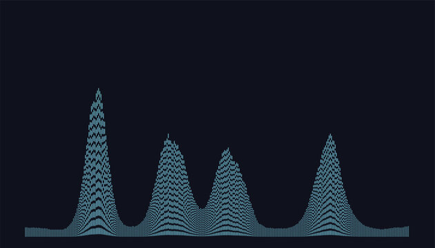 Minimalist sound wave equalizer, digital audio spectrum vector, red music frequency display on dark background