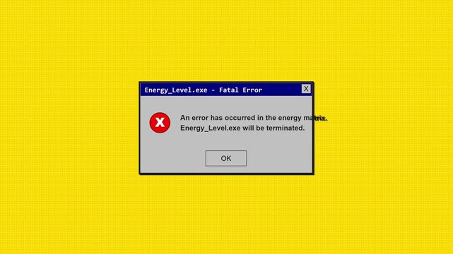 Retro computer system fatal error message on bright yellow background