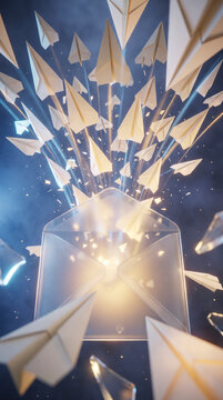 Glowing white envelope releasing paper airplanes, symbolizing communication and message delivery