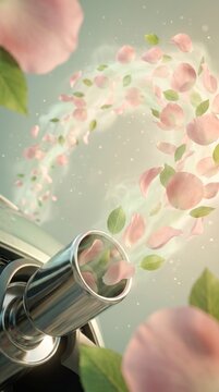Chrome exhaust pipe releasing pink petals instead of smoke, symbolizing sustainable mobility