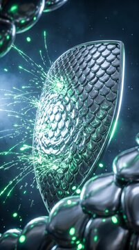Metallic dragon-scale shield with bursting green sparks, symbolizing resilient innovation