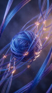 Tangled blue wire ball with glowing golden nodes, symbolizing network connectivity and data