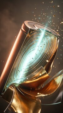 Battery cell cracked open revealing glowing spiral electrodes, symbolizing energy breakthrough