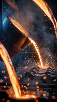 Industrial foundry ladle pouring molten metal into molds, symbolizing manufacturing precision