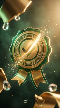 Green and gold medal with a checkmark cracked by light, symbolizing quality certification