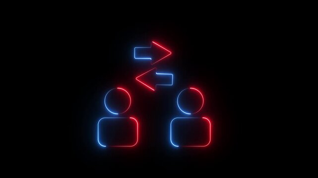 Glowing neon man icon animation user interaction with exchange arrows isolated Motion graphics of concept on black background