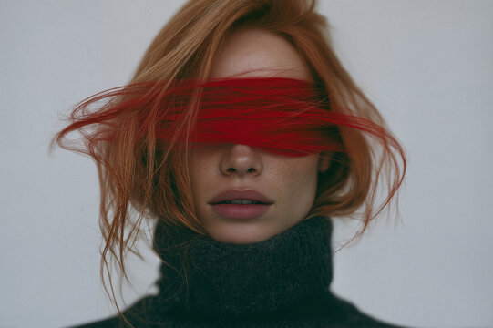Woman with long hair with a stripe of red hair covering her eyes wearing a black turtleneck