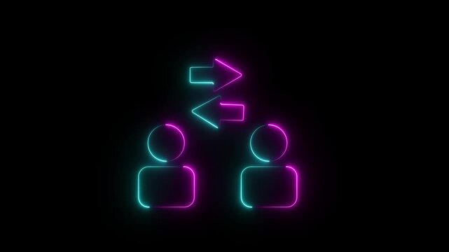 Glowing neon man icon animation user interaction with exchange arrows isolated Motion graphics of concept on black background