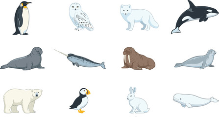 Arctic Animal Collection with Penguin, Snowy Owl, Arctic Fox, Orca, Seal, Walrus, Narwhal, Polar Bear, Puffin, Rabbit, and Beluga © Golam