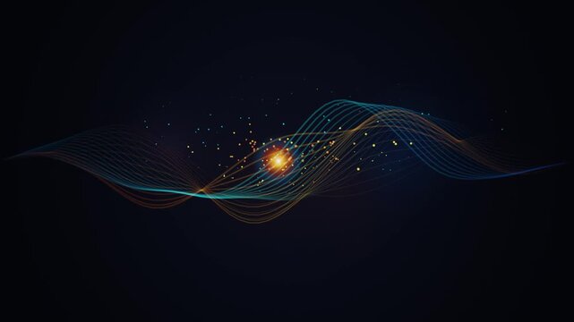 Dynamic abstract glowing energy waveform with bright particles flowing across dark digital space tec