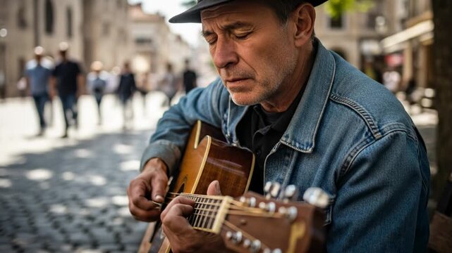 Street musician playing acoustic guitar in a European city square.