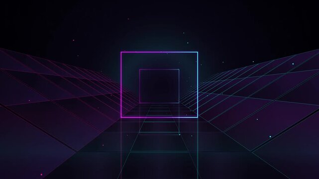 Dynamic glowing neon squares tunnel animation a futuristic digital grid background for modern cyber