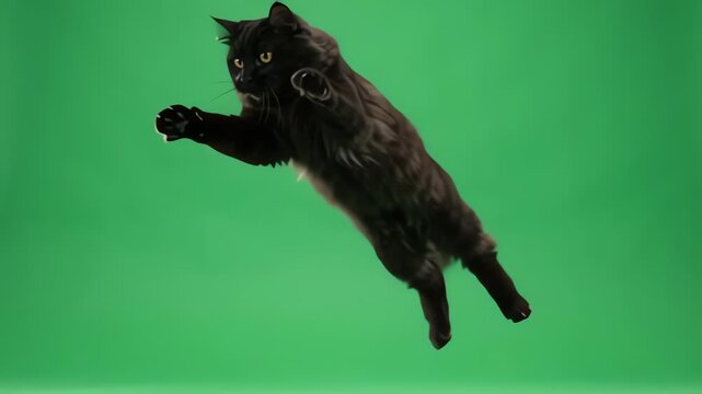 Black fluffy cat leaping and pouncing on green screen background