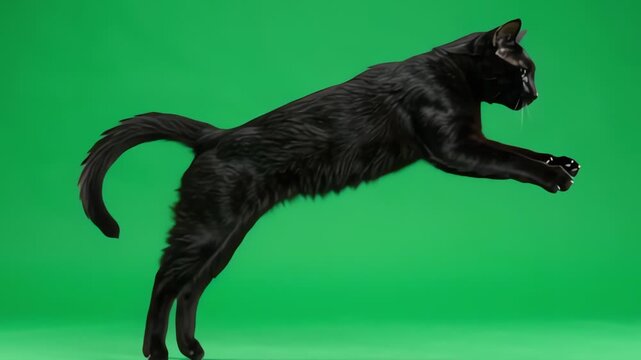 Black cat jumping and sitting on green screen chroma key